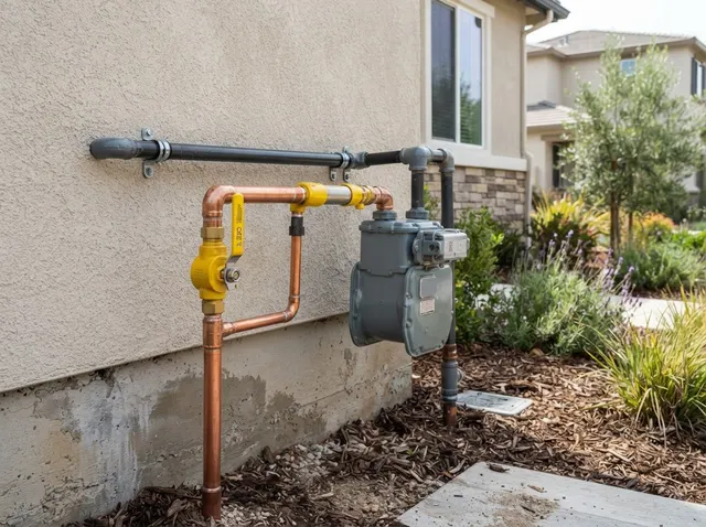 New gas line piping and seismic shutoff valve installed at a residential gas meter by The Otter Squad