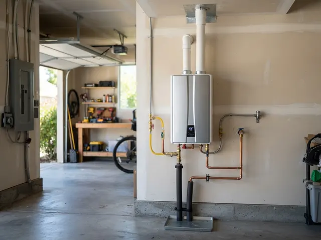 Otter Squad technician installing a wall-mounted tankless water heater at a customer's home