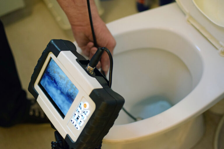 Checking,Clogged,Toilet,Pipe,With,Inspection,Camera
